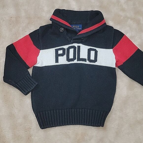 POLO RALPH LAUREN BLACK LOGO SHAWL COLLAR SWEATER, SIZE 3T - Picture 1 of 4